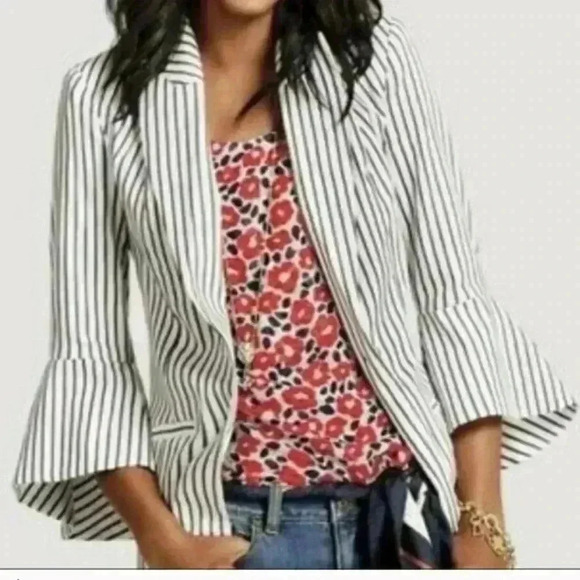 CAbi Jacket Navy Blue Stripe Bell Sleeves Trendy Cotton Blazer Jacket Size 0 - Picture 1 of 9